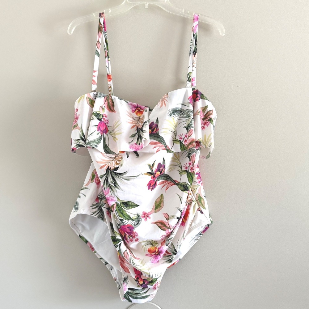 Kona Sol Womens XL One Piece Swimsuit Tropical Floral Ruffle Full Coverage NWT